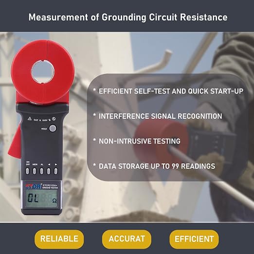 ETCR2100A+ Digital Clamp Ground Earth Resistance Meter Tester 200Ω | Non-contact clamp-on design enables fast loop resistance measurement without disconnecting ground wires, with Φ32mm jaw