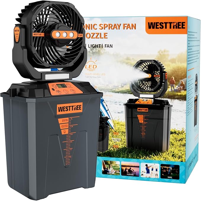 WESTTREE Portable Misting Fan, Large Rechargeable Battery Powered Mist Fan, Long Lasting Runtime, 3 Nozzles Mister Design, Portable Fan for Home Patio Camping Outdoor mist Daily Cooling fan