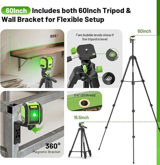 Laser Level with 60 Inch Tripod, Fathers Day Dad Gifts, Huepar 100Ft Self Leveling Laser Level Rechargeable Green Cross Line Lazer Leveler Tool for Picture Hanging, Magnetic Bracket & Target Plate