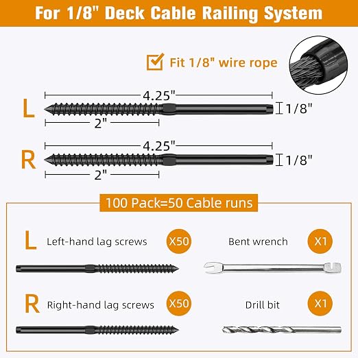 Swage Lag Screws for Cable Railing - 100 Pack Black T316 Stainless Steel Left and Right Handed Thread - 1/8" Cable Railing Hardware Kit for Deck Stair Wood Post Railing System