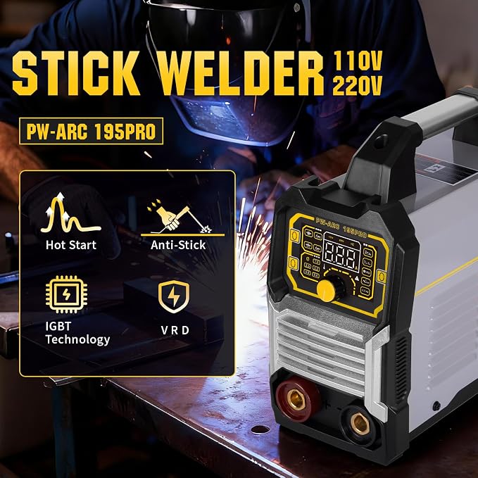 195Amp Stick Welder，ARC/Pulse Stick/Lift TIG/Pulse TIG 4-in-1 Multiprocess Welder，110/220V Dual Voltage，Synergic Control IGBT Inverter with Portable Welding Machine(SILVER)