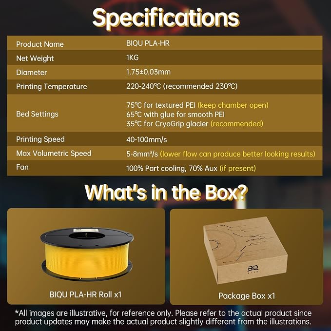 BIQU PLA-HR Flexible 3D Printer Filament Specifically for Printing Airless Basketballs, 1.75mm 1KG Spool (2.2lbs), Flexi Tough Filament Compatible with Most FDM 3D Printer (Yellow)