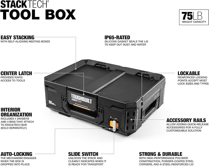 ToughBuilt – StackTech Lockable Tool Box, Modular Storage with Auto-Locking System, IP65 Protection & Accessory Rails (TB-B1-B-30)