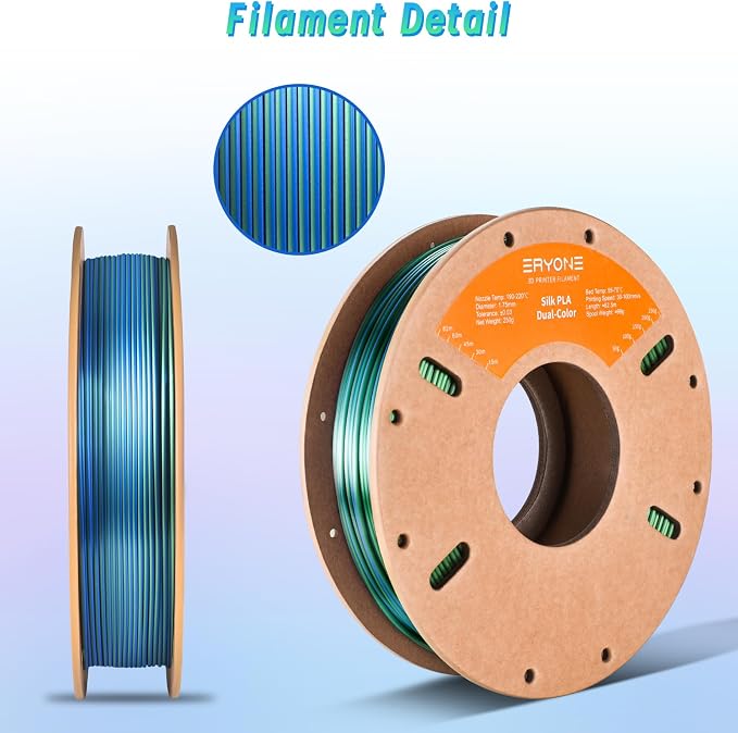 ERYONE PLA Filament 3D Printer Filament Multicolor 1.75mm +/- 0.03mm, PLA Filament 250g Spool, Silk Dual Color Blue Green