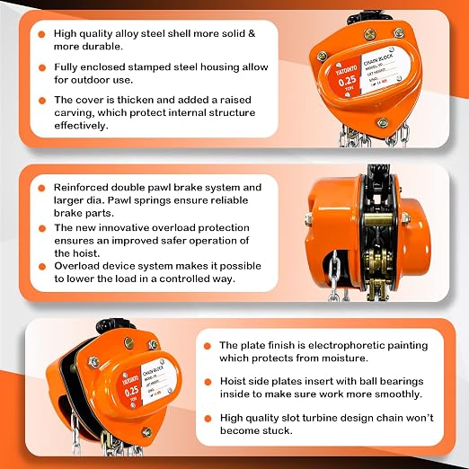 YATOINTO Chain Hoist 1/4 Ton (550Lbs) Capacity | Mini Hand Chain Hoist 10FT | Manual Chain Block Hoist 10.2" Headroom | Industrial Grade Steel Structures for Garages Warehouse Automotive Machinery