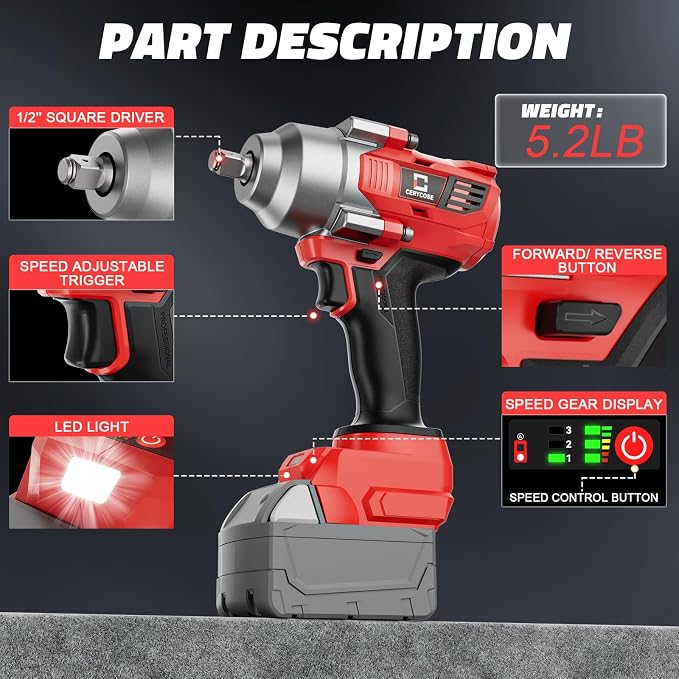 Cerycose Cordless impact Wrench 1/2 inch Compatible with Milwaukee 18v Battery, 750FT-LBS (1000N.m) Brushless Electric Impact Gun with LED Work Light & 6 Sockets, High Torque Impact Driver, Bare Tool