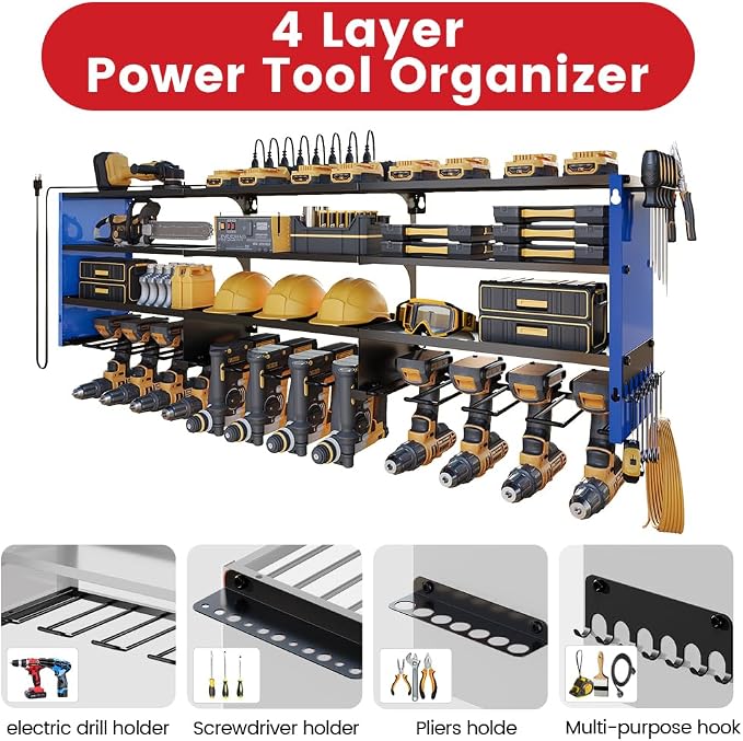 53" Power Tool Organizer Wall Mount with Power Strip,Blue Heavy Duty Metal Tool Shelf, 400lbs Capacity for Cordless Drills, Batteries & Garage Storage (12 Slots with 8 Outlets Power Strip)