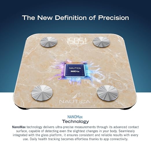 Nautica Body Tracker Digital Bathroom Scale, Bluetooth-Enabled Smart Scale with BMI, Body Fat, Muscle Mass Tracking & More, Syncs with Smartphone App for Body Composition Tracking, 396 Lbs.