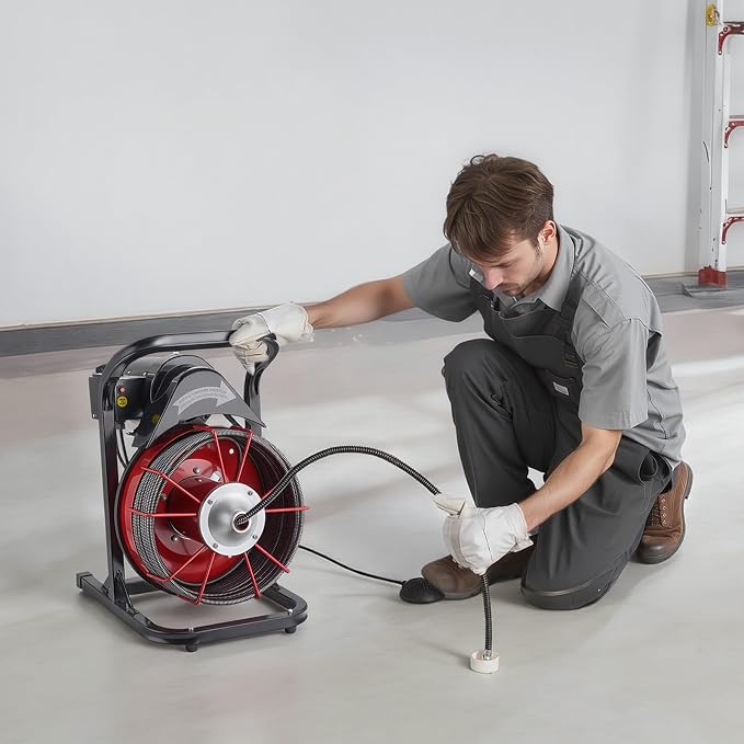 VEVOR Drain Cleaner Machine 75 FT x 1/2 Inch, Sewer Snake Auger Manual Feed with 4 Cutters & Air-activated Foot Switch for 2" to 6" Pipes