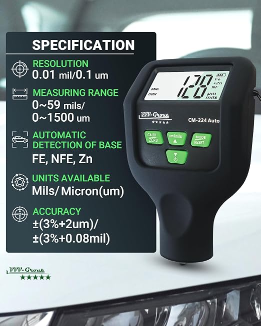Paint Thickness Gauge CM-224 Auto – Digital Coating Thickness Meter for Cars and Automotive Inspection, Fe / Al / Fe+Zn Detection, 0.1 μm Resolution, Factory Calibrated, Large Backlit LCD