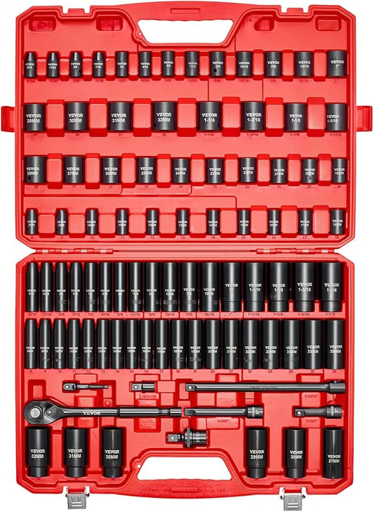 VEVOR 91-Piece 1/2" Drive Impact Socket Set, SAE (5/16" to 1-1/4") & Metric (8 to 32 mm), CR-V, Deep & Shallow, 6 Point, Ratchet Handle, Universal Joint, Adapters, Extension Bars (3, 5, 10 in)