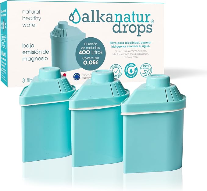 Alkanatur Pack of 3 Low Emission Water Filters – Hydrogen Ionizes – Removes Chlorine Heavy Metals Adds Magnesium pH 9 – Toxic Free Cartridges