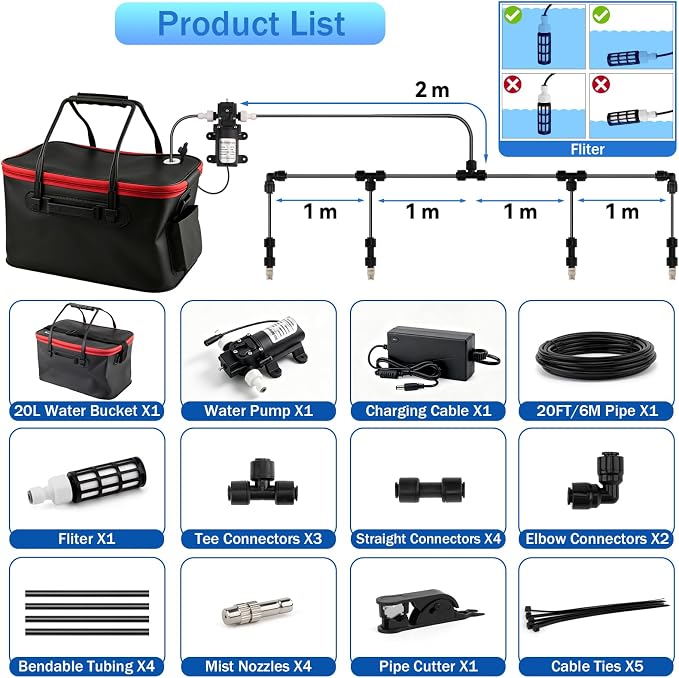 Misting System, Portable Misting System with 20FT/6M Hose, 20L Water Bucket, Water Pump, Filter, Nozzles for Outside Patio Cooling, Canopy, Umbrella, Camping