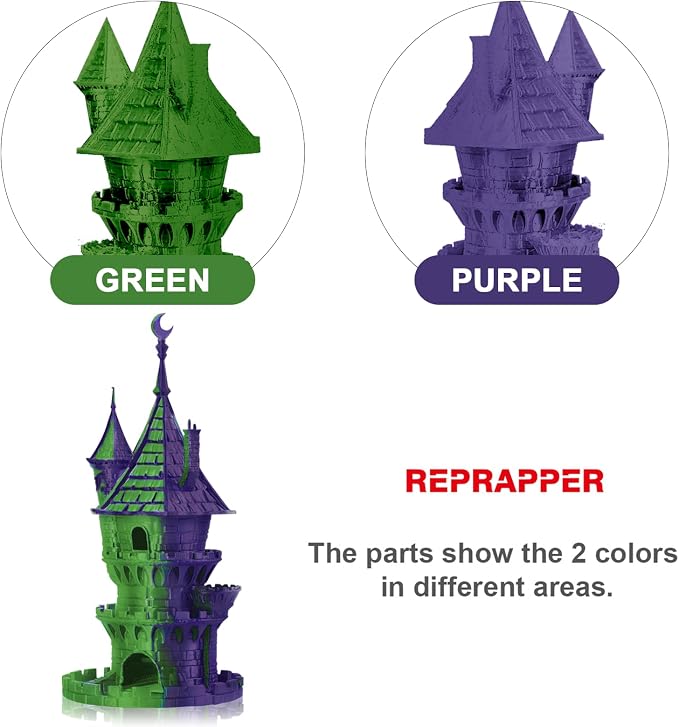 Reprapper Dual Color PLA, Coextrusion Filament 1.75mm for 3D Printer, Multicolor Like Matte Rainbow, 2.2lbs (1kg), Matte PLA Purple & Green