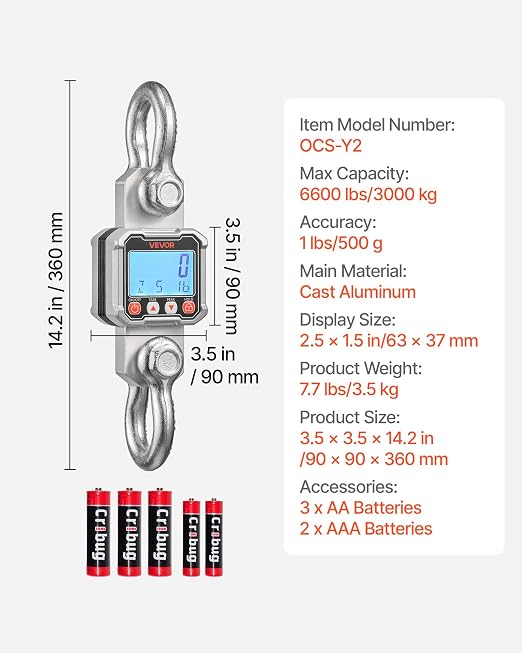 VEVOR Digital Crane Scale, 6600 lbs/3000 kg Max Capacity, Heavy Duty Industrial Hanging Scale with Cast Aluminum Case & LCD Display, 1 lbs Division & 3 Unit Switch, Remote Control for Garage Factory