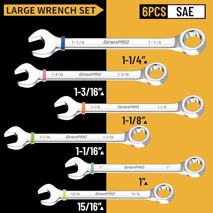 GRENPRO Large Wrench Set, SAE Wrench Set With Color Ring, 7PCS 15/16", 1", 1-1/16", 1-1/8", 1-3/16", 1-1/4" Long Big Open End Wrench Tools Set Roll Up Pouch Organizer, 12 PT Combination Wrenches Sets
