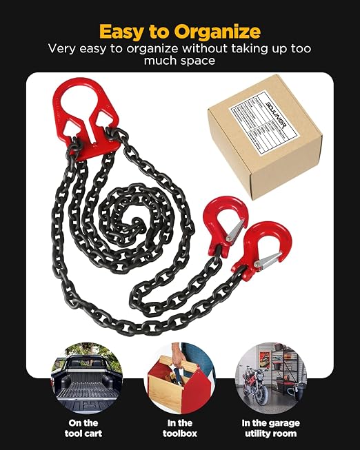 Heavy Duty Lifting Chain with Adjustable Hooks, 5/16" x 10 Ft, 7000 lbs WLL | Dual-Leg Chain Sling Design • Black Industrial Electroplating • Balanced Load Distribution • Secure Latch Hook Design