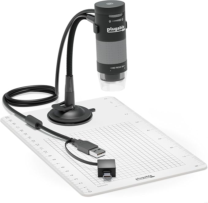 Plugable USB Digital Microscope 250x, 2MP Micro Camera with Flexible Arm Stand - Handheld USB & USB-C Microscope, Windows, Mac, ChromeOS, Linux, Android, iPad Compatible