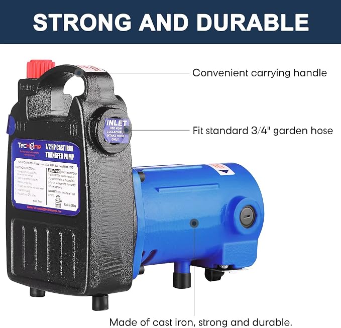 TecHome 1/2 HP Cast Iron Transfer Pump, 120V 1560GPH Water Pump, High Pressure Transfer Pump with Suction Strainer and Brass Connectors.