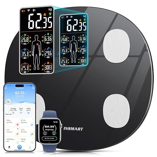 INSMART Smart Scale for Body Weight, All-in-one LCD Display Bathroom Weight Scales Body Fat Scale,Bluetooth Digital Smart Weighing Scale with Heart Rate,Heart Index & Body Composition Analyzer,396 lbs