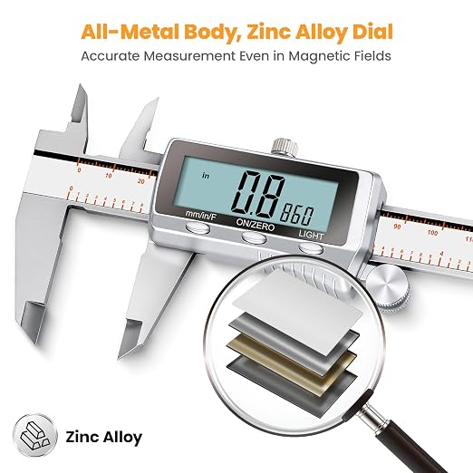 HARDELL Digital Caliper, Rechargeable Caliper Measuring Tool with Backlight LCD Screen, All Metal Calipers, Auto-Off Digital Micrometer, Inch/MM/Fraction for Household/3D-Printing-Rechargeable 6 Inch