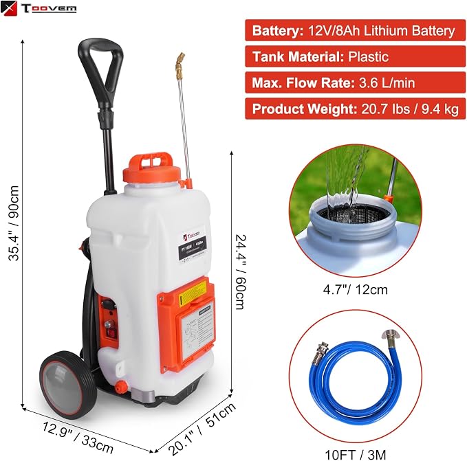 Toovem Battery Powered Backpack Sprayer 4 Gallon, Weed Yard Sprayer with Wand, Electric Backpack Garden Sprayer with Wheeled Cart for Weeding, Adjustable 0-94 PSI, 10FT Hose, 6 Nozzles