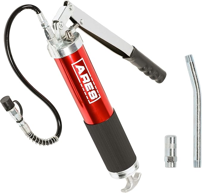 ARES 53013 – Professional Lever Action Grease Gun - 400cc Bulk and 14 Ounce Cartridge Loading - 4500 PSI Working Pressure Rating – 18-Inch Flex Hose and 6-Inch Offset Extension
