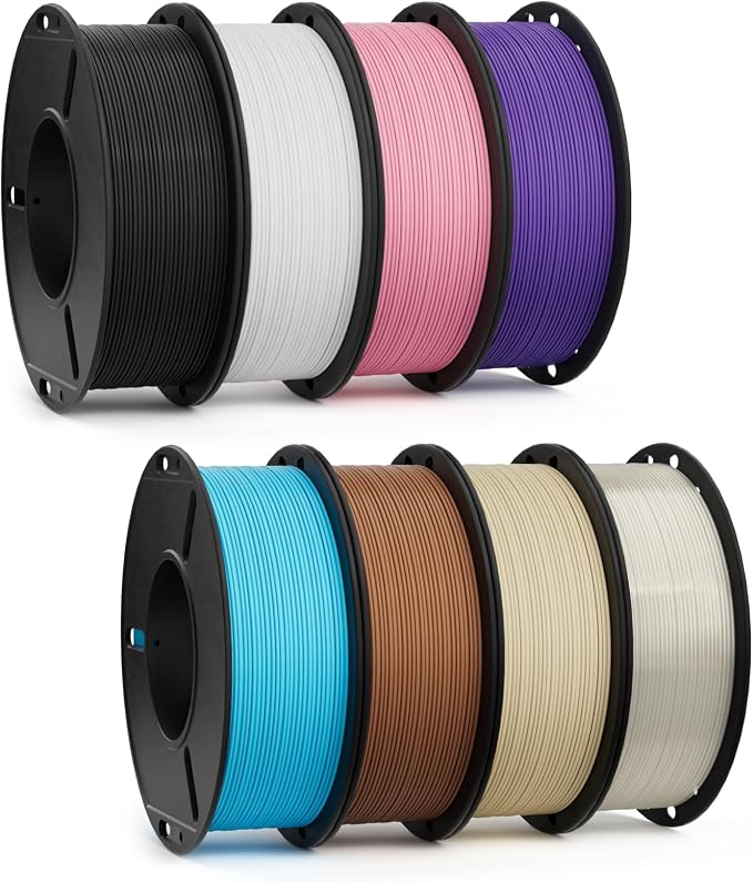 PLA 1.75mm 3D Printer Filament 8 Pack 250g Bundle, Dimensional Accuracy +/- 0.02mm, Neatly Wound, No Clogging, Black/White/Pink/Purple/Translucent/Sky Blue/Brown/Beige
