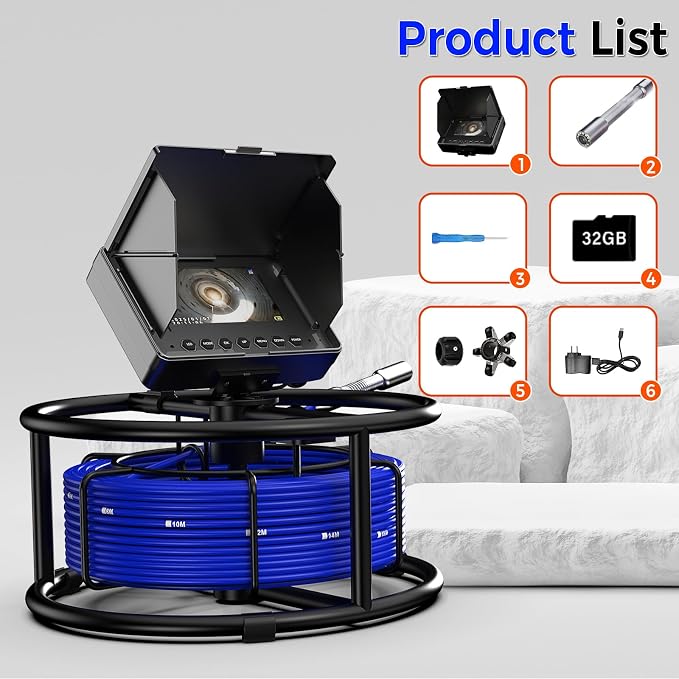 Sewer Pipe Inspection Camera, 4.3'' IPS Monitor with 32GB TF Card DVR, IP68 1080P Camera 100FT Fiberglass Cable, 8500mAh Battery Night Vision, for Home/Contractor/Plumber (66FT)