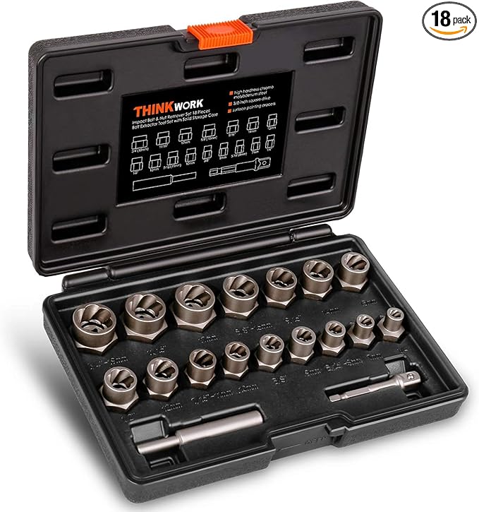 THINKWORK Bolt Extractor Kit, 18-Piece Nut Extractor Socket Set, 3/8" Drive Rounded Bolt Remover, Lug Nut Removal Tool for Damaged, Rusted, Rounded-Off, Stripped Fasteners