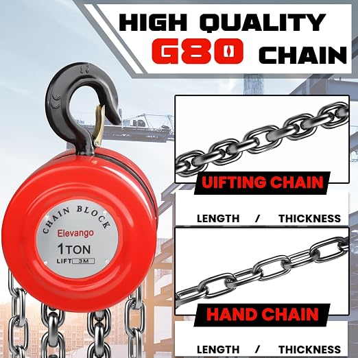 1 Ton Hand Chain Hoist, 2200 lbs Capacity 10 ft Lift – Manual Chain Block with Manganese Steel G80 Load Chain & 2 Heavy Duty Hooks, for Garage, Warehouse, Automotive