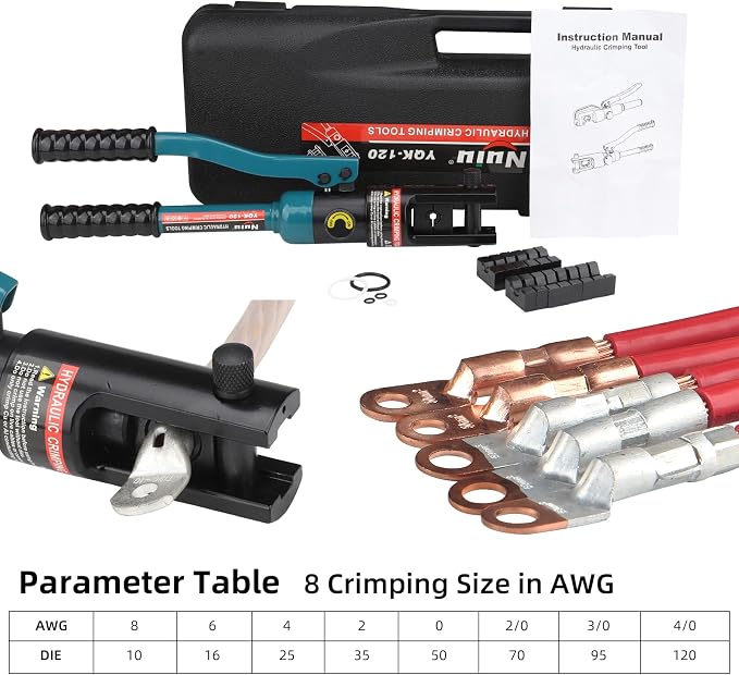 YQK-120 Hydraulic Crimping Tool 8T, Wire Crimper for Battery Cable Terminals 10-120mm²(8 AWG to 4/0 AWG) with 8PCS Hex Dies, 16mm Stroke,180°Swivel Head - Professional Electrician Crimper(Blue)