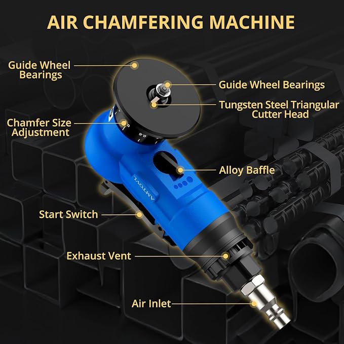 AMTOVL Pneumatic Chamfering Tool - Mini Air Chamfer Tool with 10 C-Angle & 10 R-Angle Blades, 45° 30000 RPM Chamfering Tool for Metal and Wood with 1/4" Air Inlet