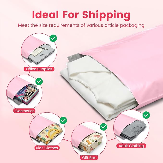 Metronic Poly Mailers 10X13 1000 Pack Bulk, Heavy Duty Self-Seal Shipping Bags for Clothing, Waterproof Medium Poly Packaging Bags for Clothing & Small Business, Light Pink