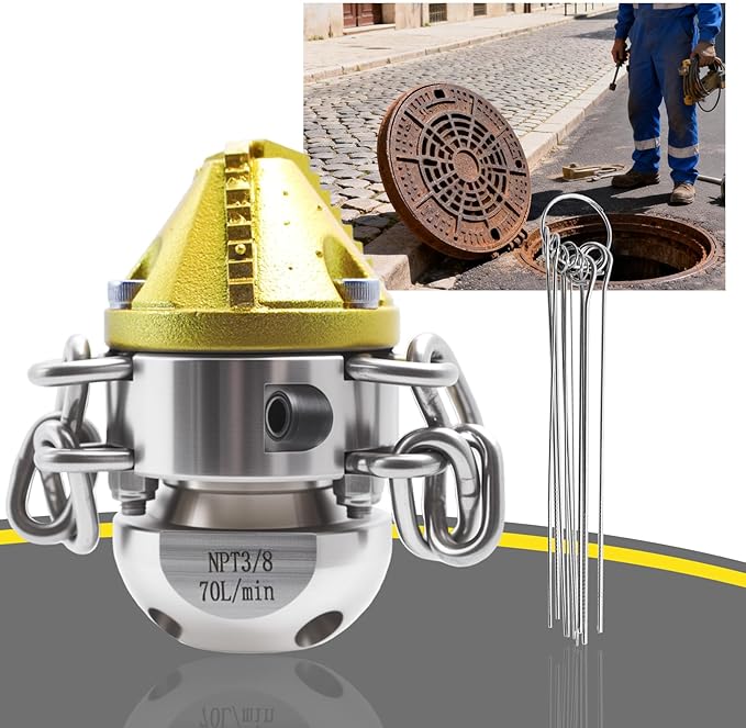 3/8 NPT Sewer Jetter Rotating Nozzle Root, 70L/Min High Pressure Cleaning Tool (with Detachable Chain), 360° Rotating, Suitable for Home Drains, Commercial Pipes, Industrial Pipes