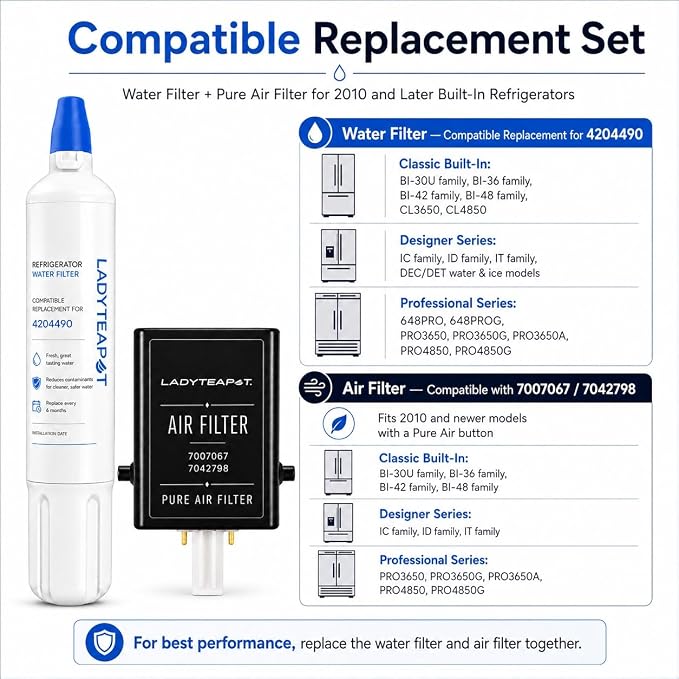 Replacement 4204490 Water Filter and 7007067 Air Purification Cartridge Combo Pack, Compatible with Sub-Zero 4204490, 4290510 Water Filter, 7042798/7007067 Air Filte (2+2 Count)