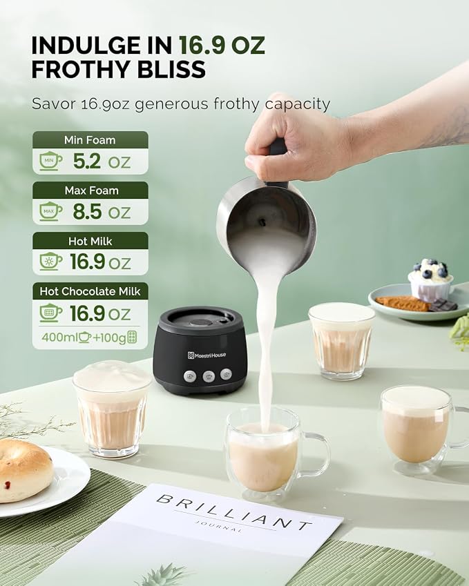 Maestri House Milk Frother, 4-in-1 ClassicFro 500 Electric Milk Steamer and Frother, 16.9OZ 600W Smart Touch Control Hot and Cold Foam Maker, Memory Function for Latte, Cappuccinos, Chocolate Milk