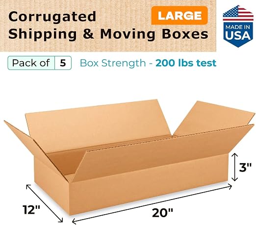 Large Shipping & Moving Boxes 20 x 12 x 3 inches (5-Pack) - Extra Strength 200 lb vs Regular - USA-Made Corrugated Shipping Boxes for USPS/UPS/FEDEX - Moving Large Box for Moving by IDL Packaging