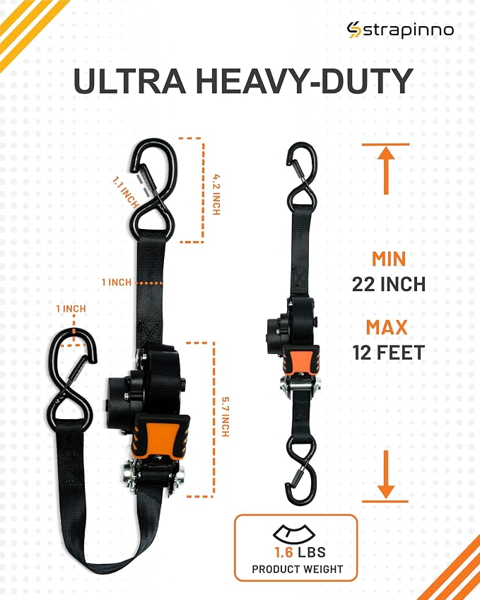 Strapinno Retractable Ratchet Straps - 1 in x 12 ft Heavy Duty Tie Downs, 1800lbs Breaking Strength Each, S Hooks with Safety Clip, AutoRetract, for Moving, Motorcycle, Boat, Kayak, and Cargo (4 PCS)