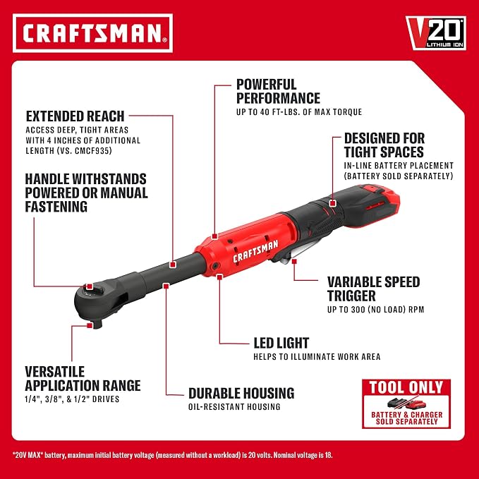 CRAFTSMAN V20 Electric Ratchet, Extended Reach, Cordless 3/8 Ratchet with Multi-Size 1/4 and 1/2 Drive Interchangeable Anvils, LED Light, 300 RPM, 40 ft-lbs Torque, Battery Not Included (CMCF936B)