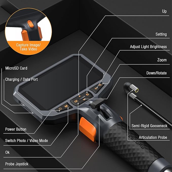 Teslong 10FT Articulating Borescope with Light, 0.25inch Two-Way Mechanic Endoscope Inspection Camera with Articulated Probe, Flexible Fiber Optic Snake Scope Cam for Wall Automotive Engine Inspect
