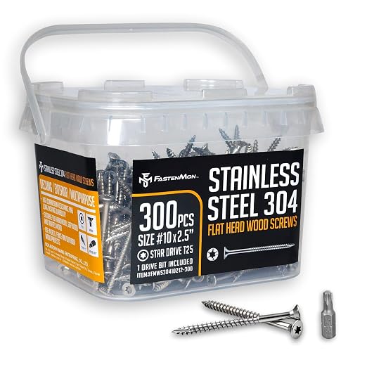 304 Stainless Steel Deck Screws, #10 x 2-1/2", 300 PCS | Torx Flat Head Type 17 Point with T25 Bit, Ideal for Outdoor Wood Projects, Fences, Benches, Picnic Tables, Decks, Bulk Box