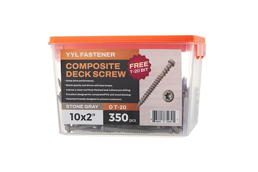 Coated Composite Deck Screws #10 x 2, Self Tapping Wood Screws and Deck Screws with Torx T20 Star Drive, Type 17 Point, Flat Head, 1 Free Bit Included (Stone Gray, 350), by YYL FASTENER