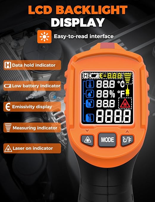 4 in 1 Temperature Gun POROMETISTO 4 Types of Alarm Setting,-58-1472°F Measure Infrared/Ambient Temperature Humidity Infrared Thermometers,Industrial Laser Thermometer Gun with K-Type Probe