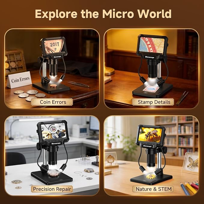 4.3" Coin Microscope for Error Coins (Detail View Only), 1000X Digital LCD Magnifier with Anti-Glare Side Lights, 1080P USB PC View (Win/Mac), Rechargeable Scope for Numismatic Grading