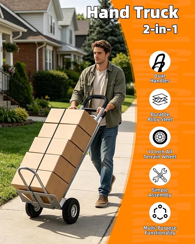 2 in 1 Hand Truck, 600 Lbs Capacity, Dolly Cart with Wheels 10" All-Terrain Tires, Heavy Duty Alloy Steel Dolly with Dual Handles, 2 Bungee Cord for Warehouse, Home, Office, Dormitory, Silver