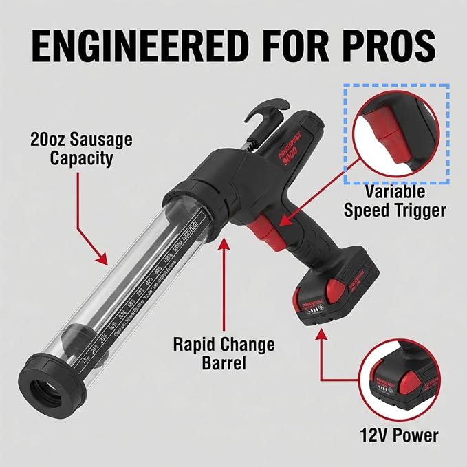 Heavy Duty Caulking Gun | 12V Cordless Drive | 20oz Sausage Foil Pack Cartridges 600ml | 450lbs Thrust | No Drip Professional Calking for Painters, DIYers, Automotive, Contractors
