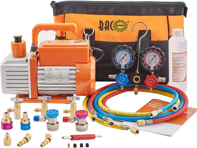 BACOENG R32 AC Vacuum Pump and Gauge Set, 4 CFM HVAC Vacuum Pump Kit for Mini Split System, Sparkless Motor for R32 R410a R1234yf R22 Refrigerants - w/ R410a Mini Split Adapter & 3x5FT Hoses