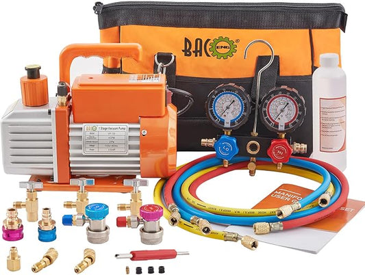 BACOENG R32 AC Vacuum Pump and Gauge Set, 4 CFM HVAC Vacuum Pump Kit for Mini Split System, Sparkless Motor for R32 R410a R1234yf R22 Refrigerants - w/ R410a Mini Split Adapter & 3x5FT Hoses