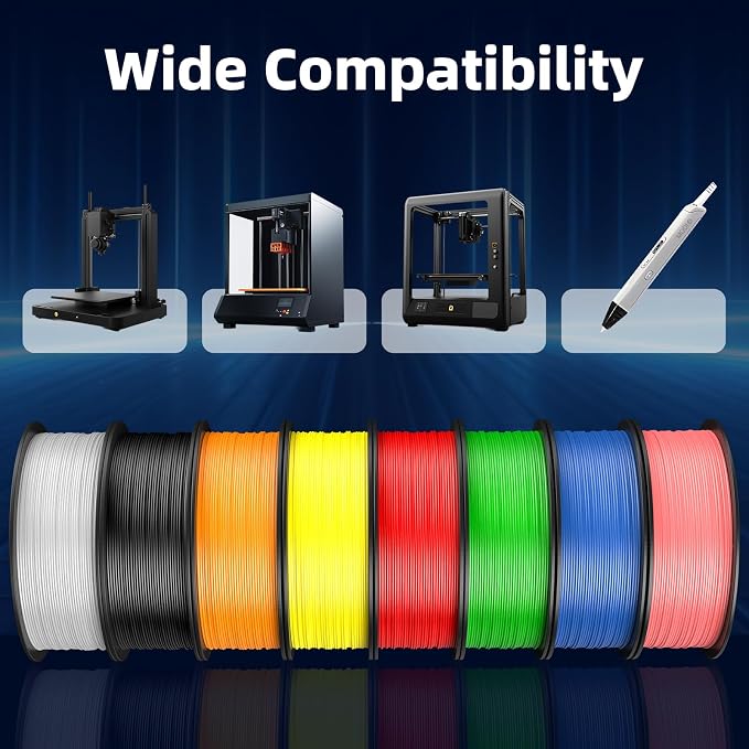 PLA 3D Printer Filament Bundle, PLA Filament 1.75mm, 250g Spool, 8 Rolls, 2kg in Total Black/White/Red/Yellow/Pink/Blue/Orange/Green